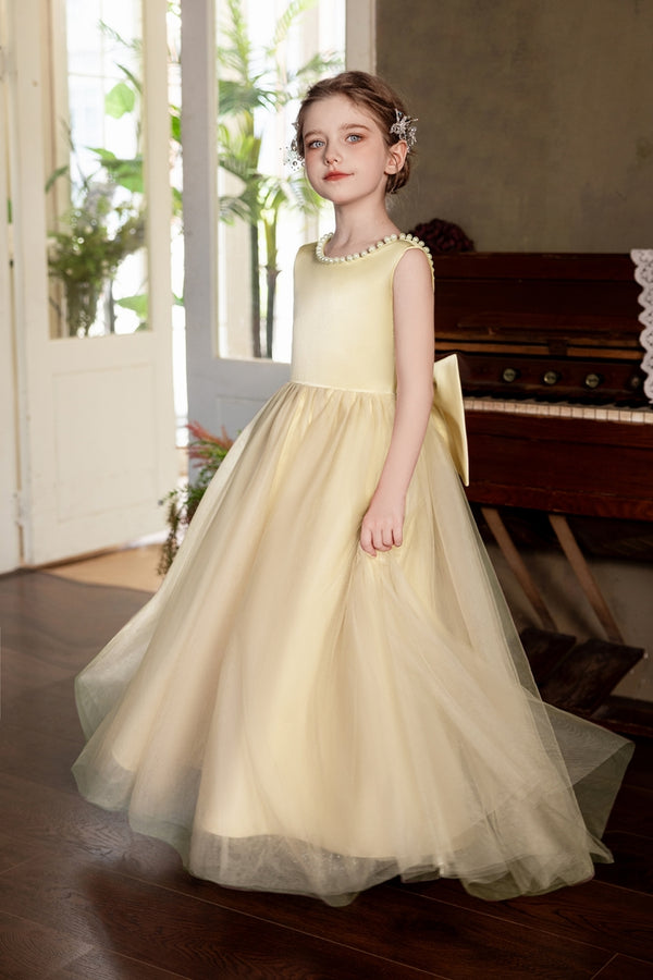 Ball-Gown/Princess V-Neck Floor-Length Tulle/Satin Flower Girl Dress With Bow