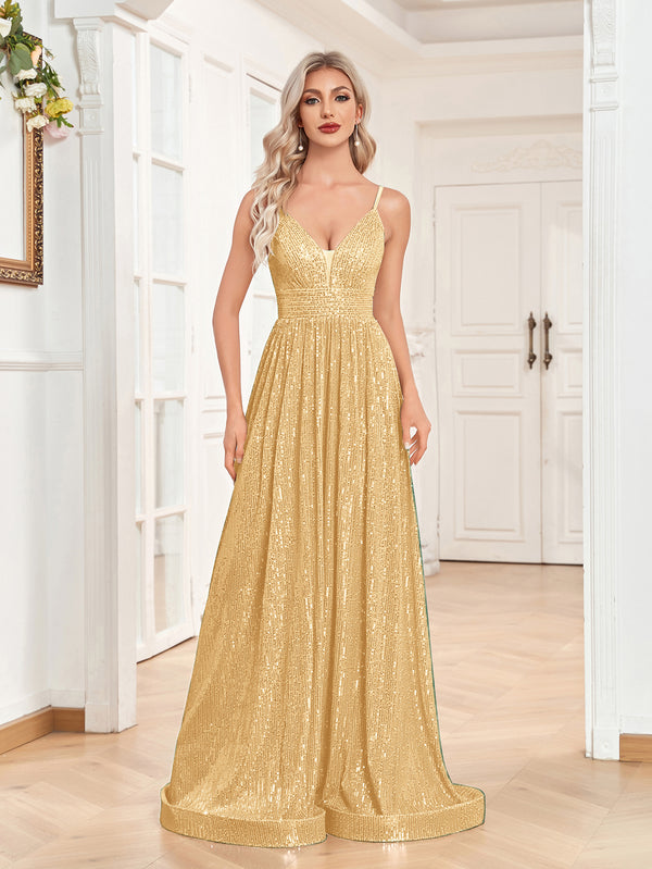 Sequin V-Neck Spaghetti Straps A-Line Floor Length Prom/Evening Dress