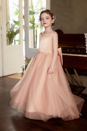 Ball-Gown/Princess V-Neck Floor-Length Tulle/Satin Flower Girl Dress With Bow
