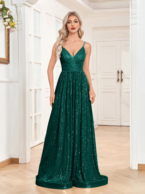 Sequin V-Neck Spaghetti Straps A-Line Floor Length Prom/Evening Dress