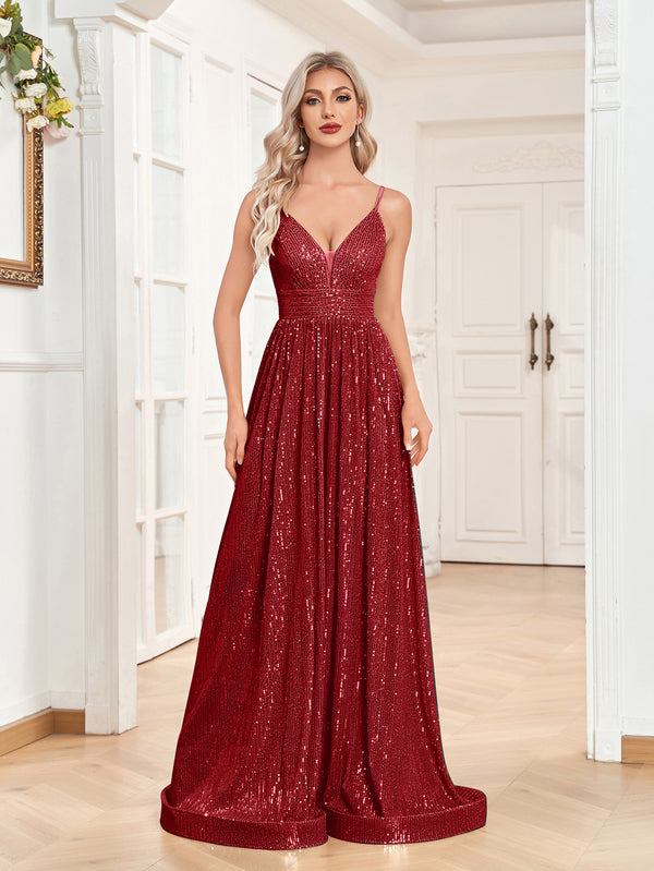 Sequin V-Neck Spaghetti Straps A-Line Floor Length Prom/Evening Dress