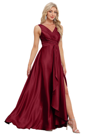 A-line V-Neck Floor-Length Satin Bridesmaid Dress