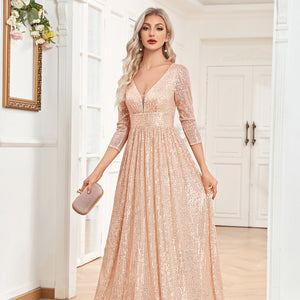 Sequin V-Neck Long Sleeveless A-Line Floor Length Navy Blue Prom/Evening Dress