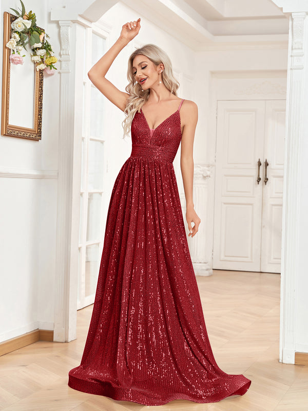 Sequin V-Neck Spaghetti Straps A-Line Floor Length Prom/Evening Dress