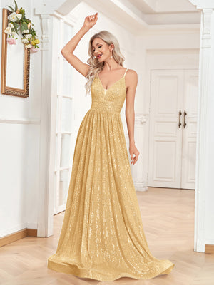 Sequin V-Neck Spaghetti Straps A-Line Floor Length Prom/Evening Dress