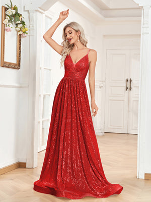 Sequin V-Neck Spaghetti Straps A-Line Floor Length Prom/Evening Dress