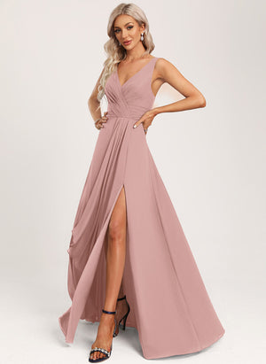 A-line V-Neck Floor-Length Chiffon Bridesmaid Dress with Ruffle