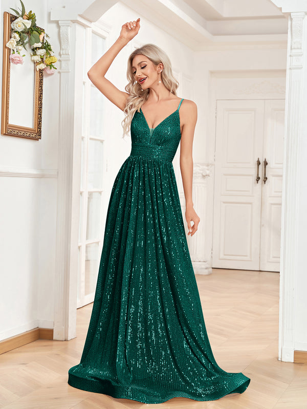 Sequin V-Neck Spaghetti Straps A-Line Floor Length Prom/Evening Dress