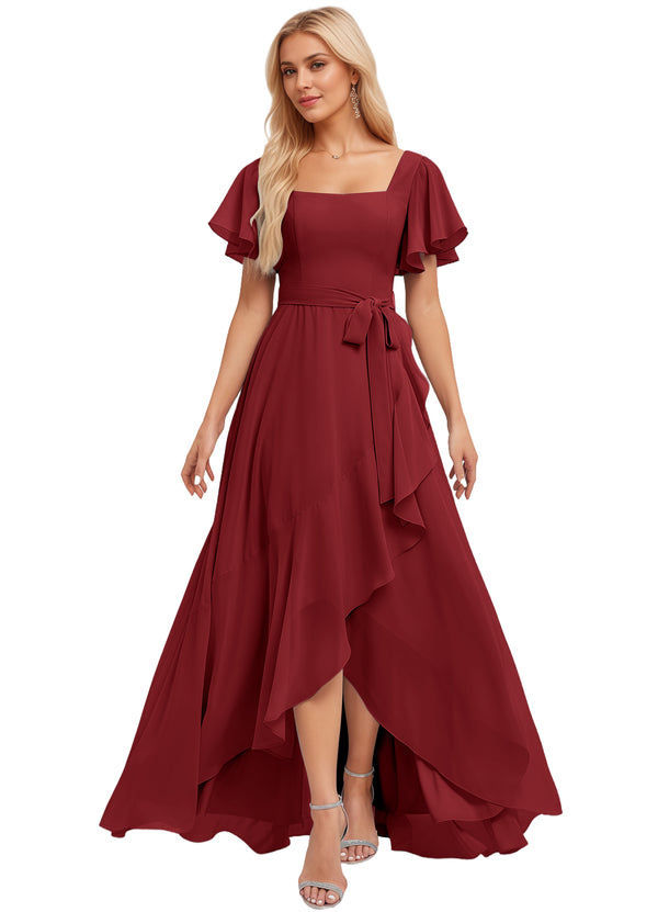 A-line Square-Neck Floor-Length Chiffon Bridesmaid Dress With Ruffle