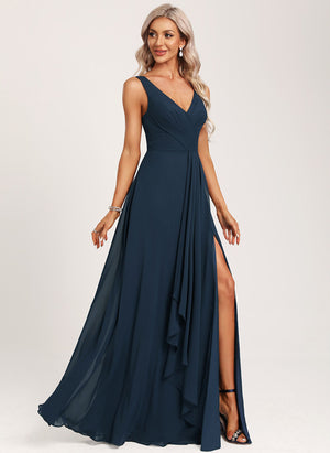 A-line V-Neck Floor-Length Chiffon Bridesmaid Dress with Ruffle
