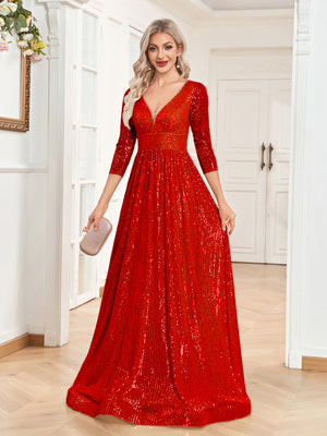 Sequin V-Neck Long Sleeveless A-Line Floor Length Navy Blue Prom/Evening Dress