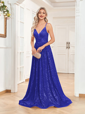 Sequin V-Neck Spaghetti Straps A-Line Floor Length Prom/Evening Dress