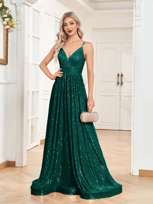 Sequin V-Neck Spaghetti Straps A-Line Floor Length Prom/Evening Dress