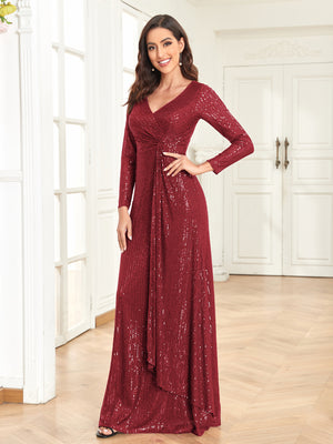 Sequin V-Neck Long Sleeves A-Line Floor Length Prom/Evening Dress