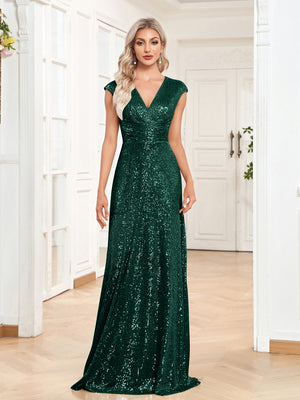 Sequin V-Neck Sleeveless A-Line Floor Length Prom/Evening Dress