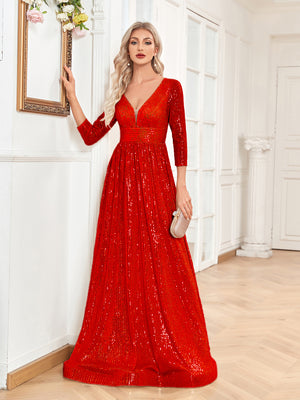 Sequin V-Neck Long Sleeveless A-Line Floor Length Navy Blue Prom/Evening Dress