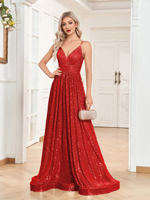 Sequin V-Neck Spaghetti Straps A-Line Floor Length Prom/Evening Dress