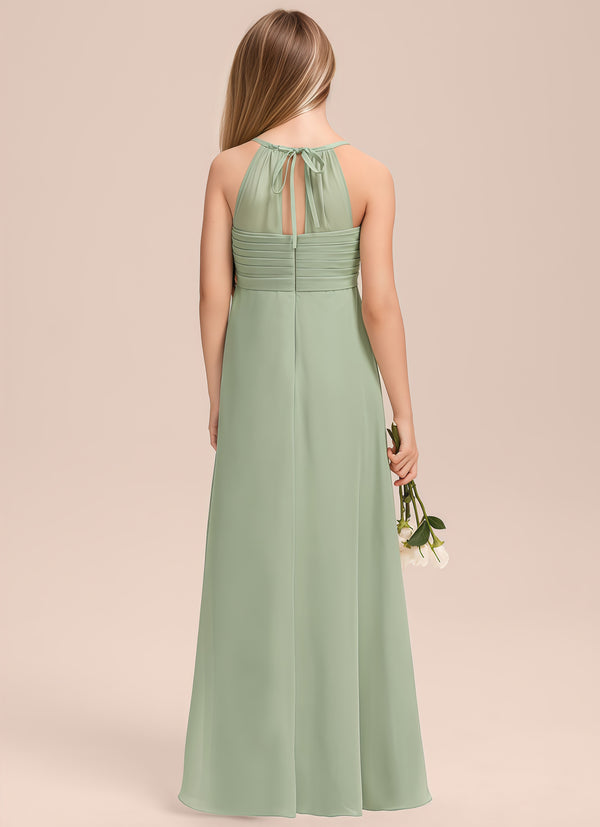 A-line V-Neck Floor-Length Chiffon Junior Bridesmaid Dress With Cascading Ruffles