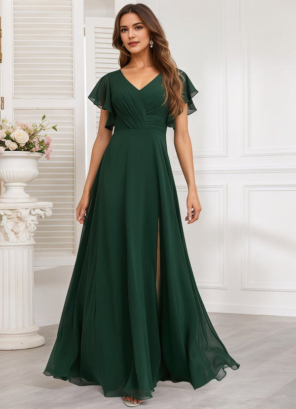 A-line V-Neck Floor-Length Chiffon Bridesmaid Dress With Ruffle