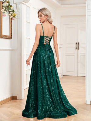 Sequin V-Neck Spaghetti Straps A-Line Floor Length Prom/Evening Dress