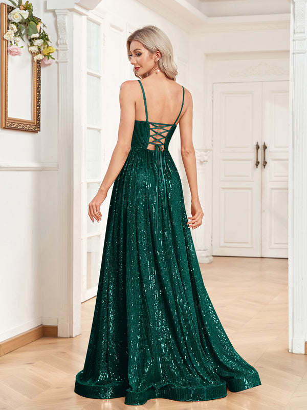 Sequin V-Neck Spaghetti Straps A-Line Floor Length Prom/Evening Dress