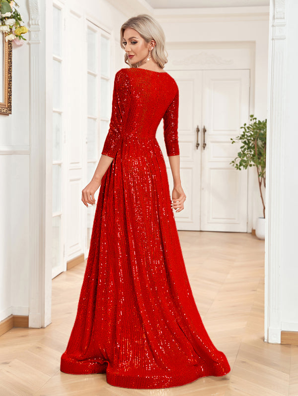 Sequin V-Neck Long Sleeveless A-Line Floor Length Navy Blue Prom/Evening Dress