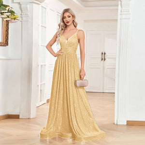 Sequin V-Neck Spaghetti Straps A-Line Floor Length Prom/Evening Dress