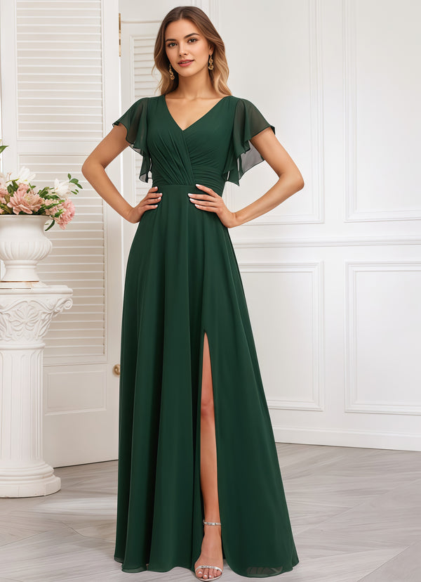 A-line V-Neck Floor-Length Chiffon Bridesmaid Dress With Ruffle