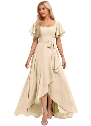 A-line Square-Neck Floor-Length Chiffon Bridesmaid Dress With Ruffle