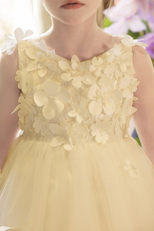 Ball-Gown/Princess V-Neck Asymmetrical Tulle Flower Girl Dress With Beading/3D Floral/Bow
