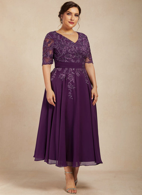A-line V-Neck Tea-Length Lace Chiffon Mother of the Bride Dress With Sequins