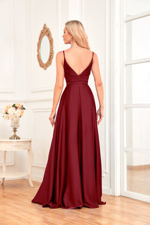 V Neck Spaghetti Straps Satin Prom Dress With Pleated Split