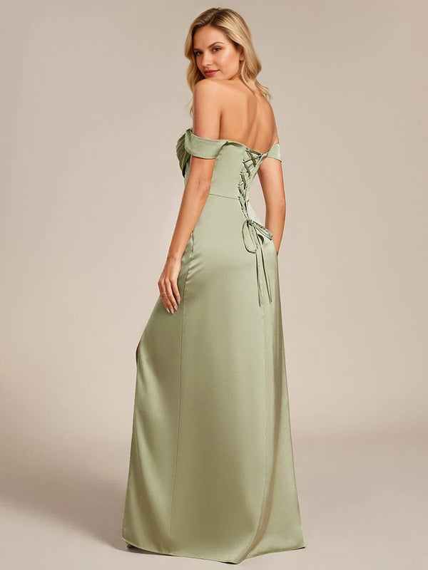 Designer Off Shoulder Back-Tie Satin Bridesmaid Dress