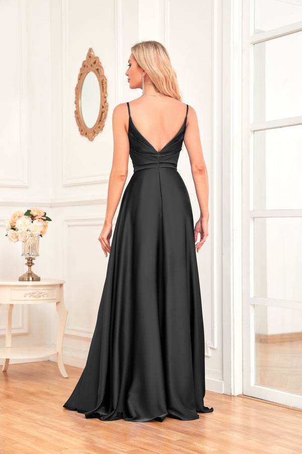 V Neck Spaghetti Straps Satin Prom Dress With Pleated Split