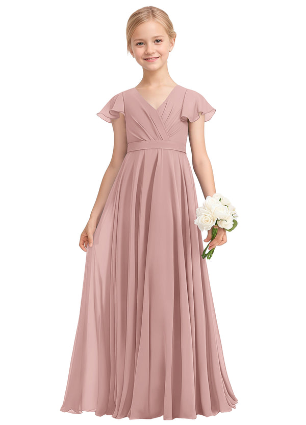 A-line V-Neck Floor-Length Chiffon Junior Bridesmaid Dress