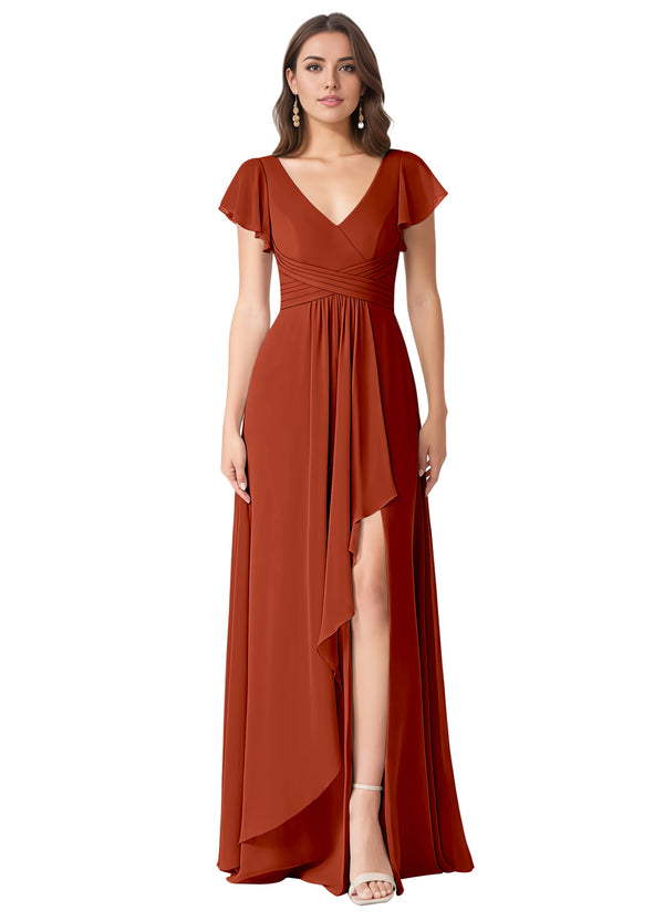 A-line V-Neck Floor-Length Chiffon Bridesmaid Dress With Ruffle