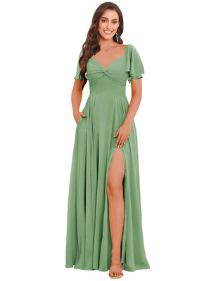 A-line V-Neck Floor-Length Chiffon Bridesmaid Dress With Ruffle