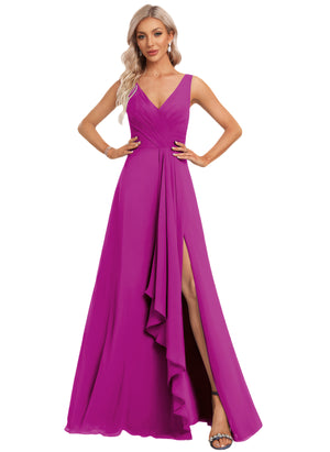 A-line V-Neck Floor-Length Chiffon Bridesmaid Dress with Ruffle