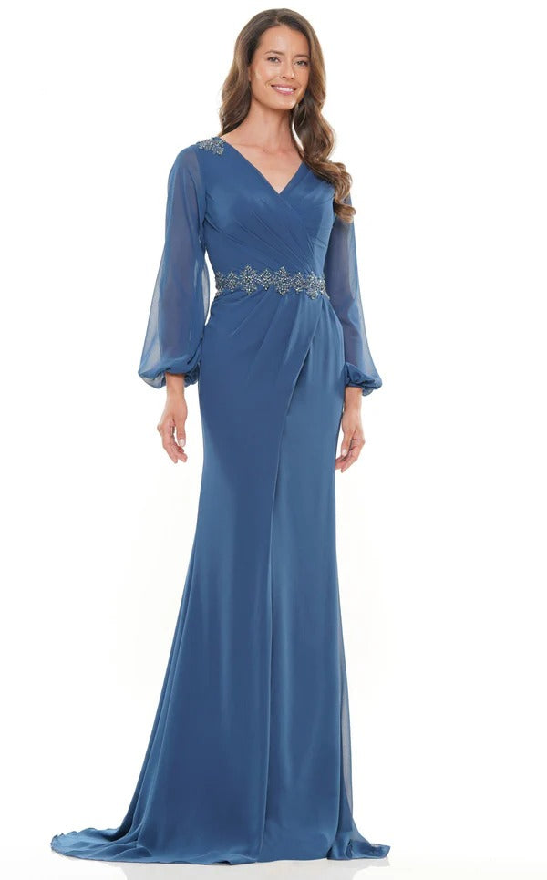 Surplice Neckline Long Mother Of The Bridesmaid Dress with Balloon Sleeve