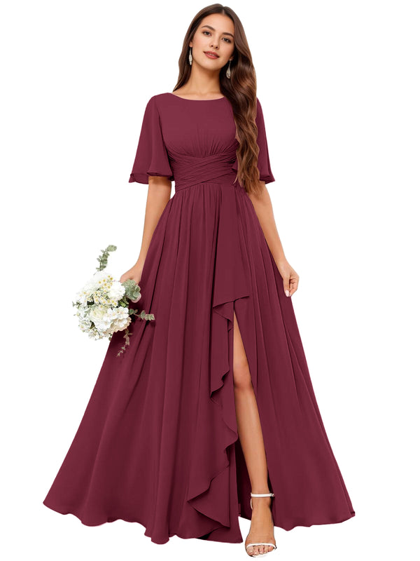 A-line Scoop Floor-Length Chiffon Bridesmaid Dress With Slit