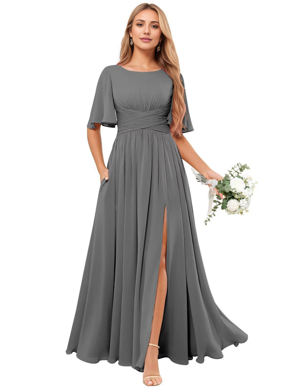 A-line Scoop Floor-Length Chiffon Bridesmaid Dress With Ruffle
