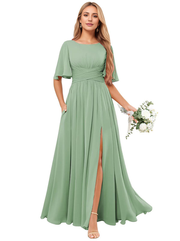 A-line Scoop Floor-Length Chiffon Bridesmaid Dress With Ruffle