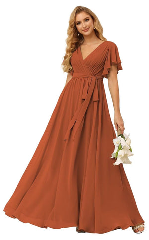 A-line V-Neck Floor-Length Chiffon Bridesmaid Dress With Ruffle