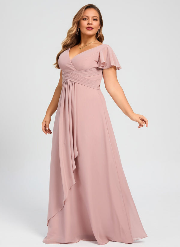 A-line V-Neck Floor-Length Chiffon Bridesmaid Dress With Ruffle