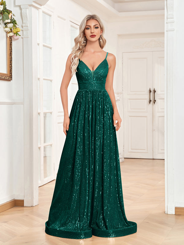 Sequin V-Neck Spaghetti Straps A-Line Floor Length Prom/Evening Dress