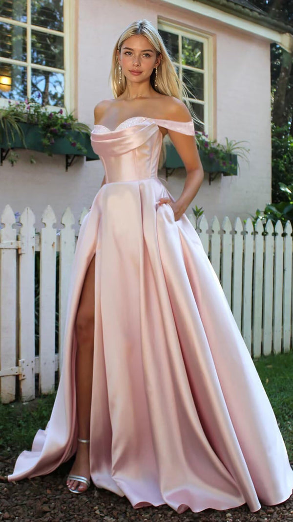 A-line Off the Shoulder Floor-Length Satin Prom Dresses