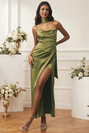 Scoop-Neck Scarf Satin Maxi Bridesmaid Dress with Slit