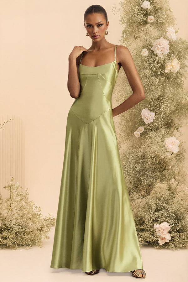 Satin Corset Maxi Spaghetti Straps A Line Bridesmaid Dress