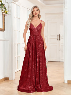 Sequin V-Neck Spaghetti Straps A-Line Floor Length Prom/Evening Dress