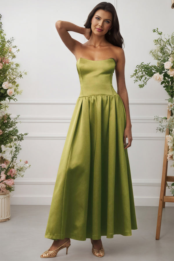 Strapless Drop-Waist Strapless Satin Maxi A Line Bridesmaid Dress